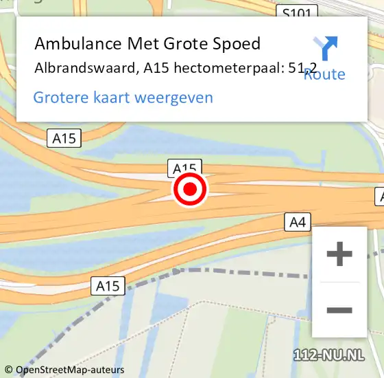 Locatie op kaart van de 112 melding: Ambulance Met Grote Spoed Naar Albrandswaard, A15 hectometerpaal: 51,2 op 24 oktober 2024 14:19