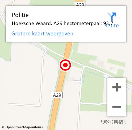 Locatie op kaart van de 112 melding: Politie Hoeksche Waard, A29 hectometerpaal: 93,7 op 24 oktober 2024 14:23