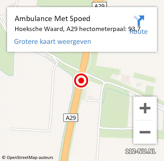 Locatie op kaart van de 112 melding: Ambulance Met Spoed Naar Hoeksche Waard, A29 hectometerpaal: 93,7 op 24 oktober 2024 14:23