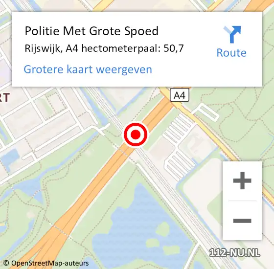 Locatie op kaart van de 112 melding: Politie Met Grote Spoed Naar Rijswijk, A4 hectometerpaal: 50,7 op 24 oktober 2024 15:07