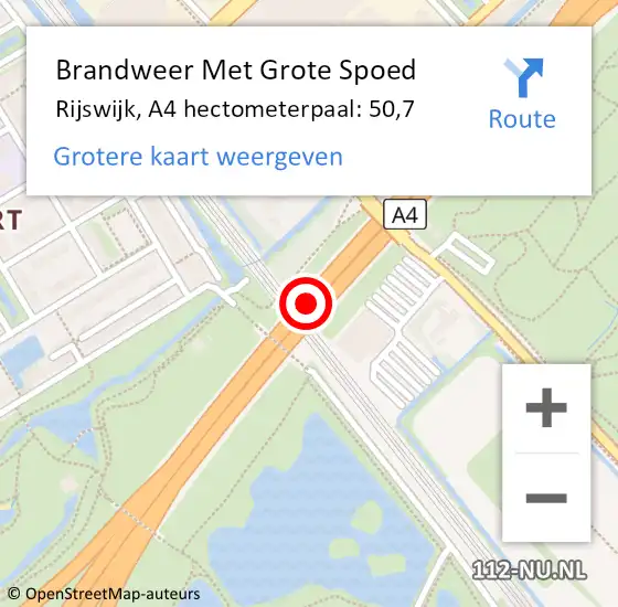 Locatie op kaart van de 112 melding: Brandweer Met Grote Spoed Naar Rijswijk, A4 hectometerpaal: 50,7 op 24 oktober 2024 15:09