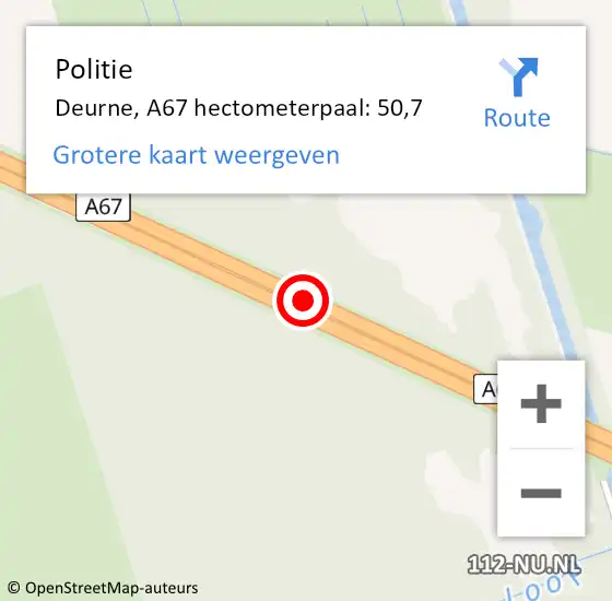 Locatie op kaart van de 112 melding: Politie Deurne, A67 hectometerpaal: 50,7 op 24 oktober 2024 15:25