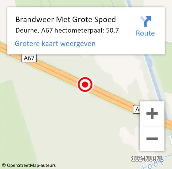 Locatie op kaart van de 112 melding: Brandweer Met Grote Spoed Naar Deurne, A67 hectometerpaal: 50,7 op 24 oktober 2024 15:26