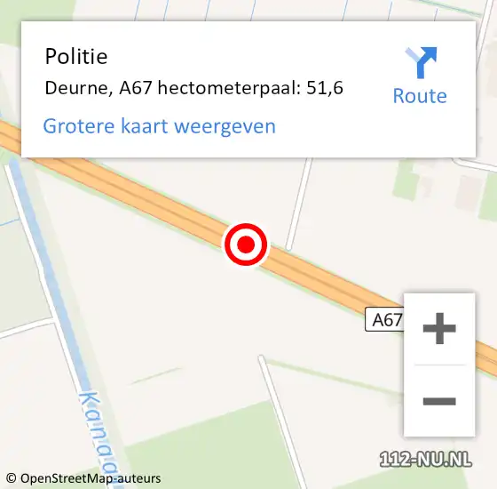 Locatie op kaart van de 112 melding: Politie Deurne, A67 hectometerpaal: 51,6 op 24 oktober 2024 15:27