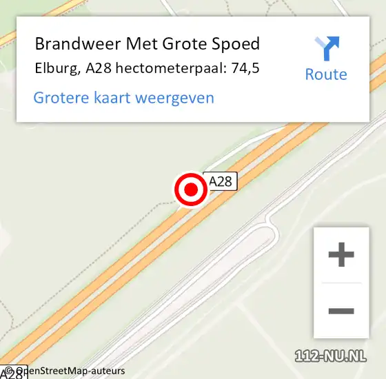 Locatie op kaart van de 112 melding: Brandweer Met Grote Spoed Naar Elburg, A28 hectometerpaal: 74,5 op 24 oktober 2024 15:34