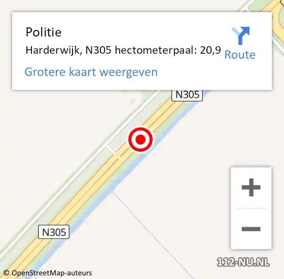 Locatie op kaart van de 112 melding: Politie Harderwijk, N305 hectometerpaal: 20,9 op 24 oktober 2024 15:39