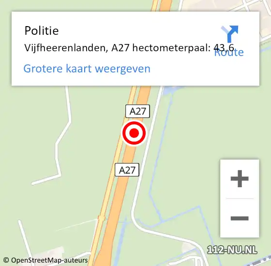 Locatie op kaart van de 112 melding: Politie Vijfheerenlanden, A27 hectometerpaal: 43,6 op 24 oktober 2024 15:42