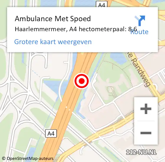 Locatie op kaart van de 112 melding: Ambulance Met Spoed Naar Haarlemmermeer, A4 hectometerpaal: 8,6 op 24 oktober 2024 15:54