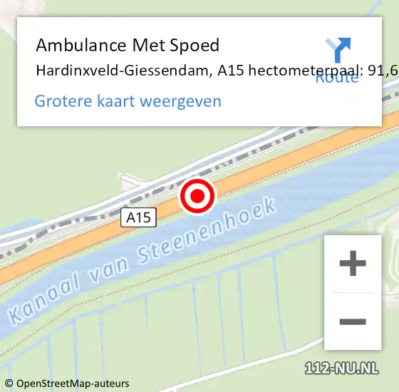 Locatie op kaart van de 112 melding: Ambulance Met Spoed Naar Hardinxveld-Giessendam, A15 hectometerpaal: 91,6 op 24 oktober 2024 16:25