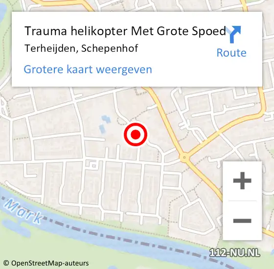 Locatie op kaart van de 112 melding: Trauma helikopter Met Grote Spoed Naar Terheijden, Schepenhof op 24 oktober 2024 16:45