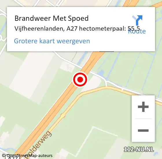 Locatie op kaart van de 112 melding: Brandweer Met Spoed Naar Vijfheerenlanden, A27 hectometerpaal: 55,5 op 24 oktober 2024 17:16