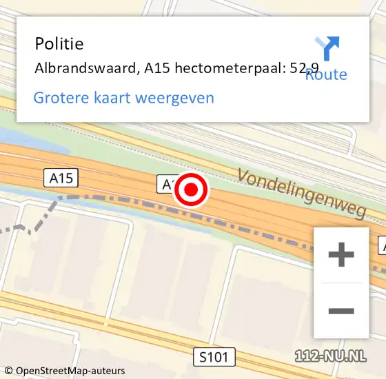 Locatie op kaart van de 112 melding: Politie Albrandswaard, A15 hectometerpaal: 52,9 op 24 oktober 2024 17:23