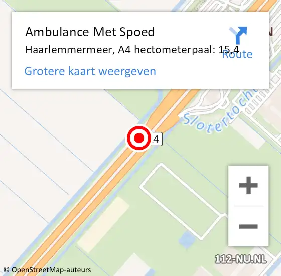 Locatie op kaart van de 112 melding: Ambulance Met Spoed Naar Haarlemmermeer, A4 hectometerpaal: 15,4 op 24 oktober 2024 17:44