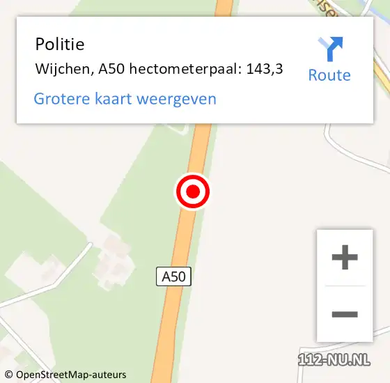 Locatie op kaart van de 112 melding: Politie Wijchen, A50 hectometerpaal: 143,3 op 24 oktober 2024 19:14