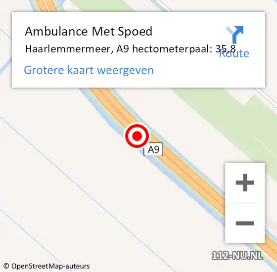 Locatie op kaart van de 112 melding: Ambulance Met Spoed Naar Haarlemmermeer, A9 hectometerpaal: 35,8 op 24 oktober 2024 20:29