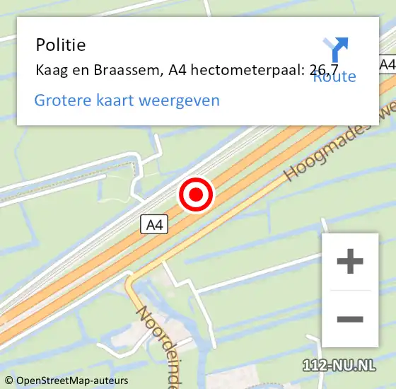 Locatie op kaart van de 112 melding: Politie Kaag en Braassem, A4 hectometerpaal: 26,7 op 25 oktober 2024 04:08