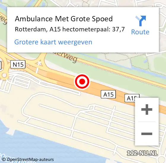 Locatie op kaart van de 112 melding: Ambulance Met Grote Spoed Naar Rotterdam, A15 hectometerpaal: 37,7 op 25 oktober 2024 06:23