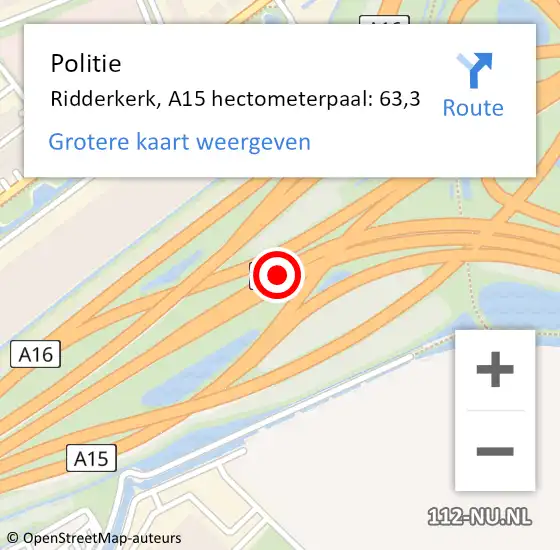 Locatie op kaart van de 112 melding: Politie Ridderkerk, A15 hectometerpaal: 63,3 op 25 oktober 2024 06:26