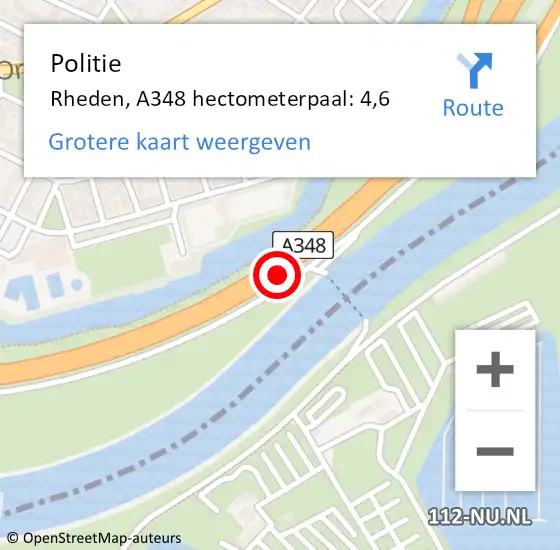 Locatie op kaart van de 112 melding: Politie Rheden, A348 hectometerpaal: 4,6 op 25 oktober 2024 07:04