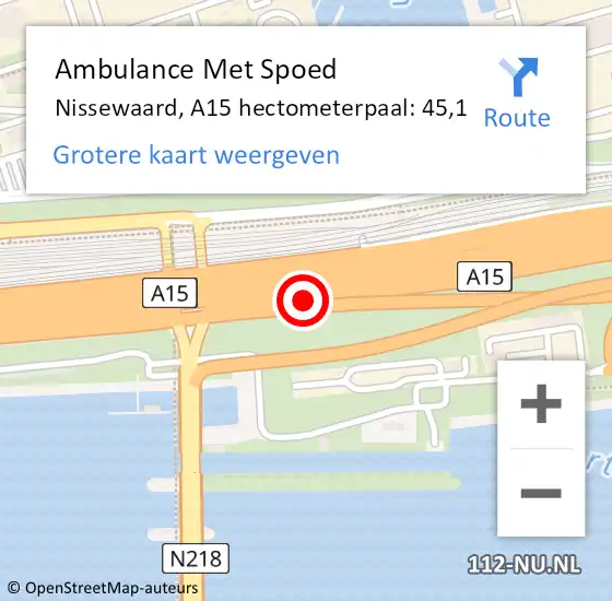 Locatie op kaart van de 112 melding: Ambulance Met Spoed Naar Nissewaard, A15 hectometerpaal: 45,1 op 25 oktober 2024 08:15