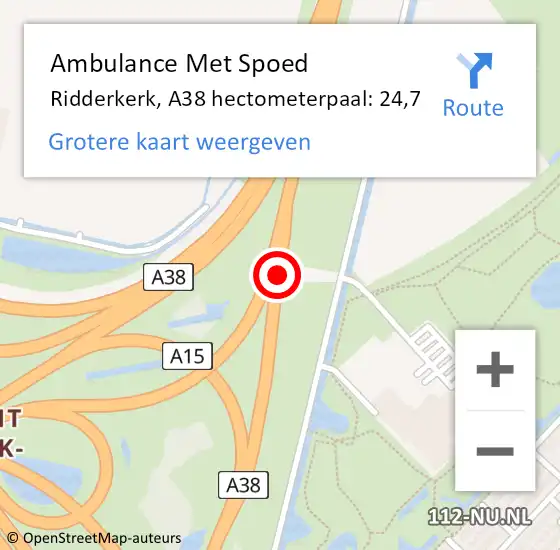 Locatie op kaart van de 112 melding: Ambulance Met Spoed Naar Ridderkerk, A38 hectometerpaal: 24,7 op 25 oktober 2024 09:42