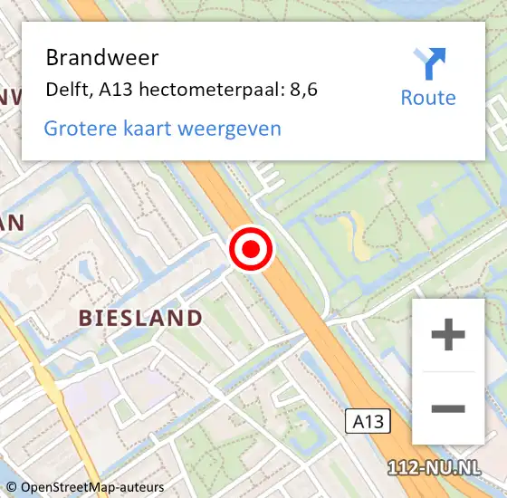 Locatie op kaart van de 112 melding: Brandweer Delft, A13 hectometerpaal: 8,6 op 25 oktober 2024 11:43