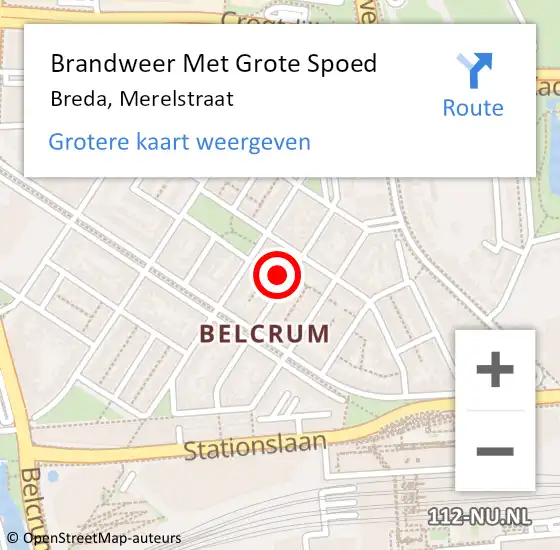 Locatie op kaart van de 112 melding: Brandweer Met Grote Spoed Naar Breda, Merelstraat op 25 oktober 2024 11:48