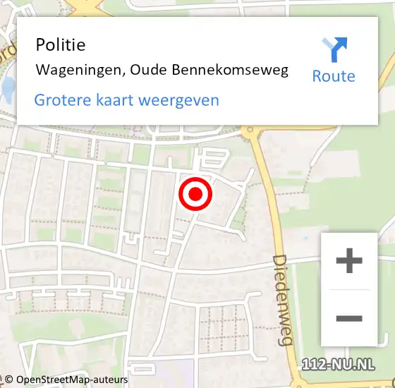 Locatie op kaart van de 112 melding: Politie Wageningen, Oude Bennekomseweg op 25 oktober 2024 13:16