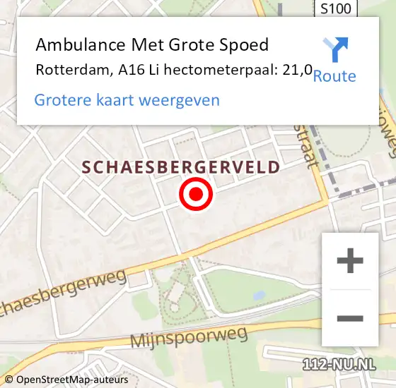 Locatie op kaart van de 112 melding: Ambulance Met Grote Spoed Naar Rotterdam, A16 Li hectometerpaal: 21,0 op 24 oktober 2014 16:46