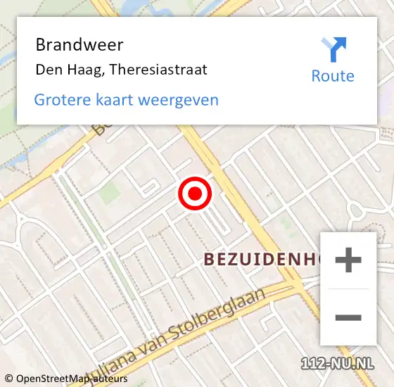 Locatie op kaart van de 112 melding: Brandweer Den Haag, Theresiastraat op 25 oktober 2024 14:23