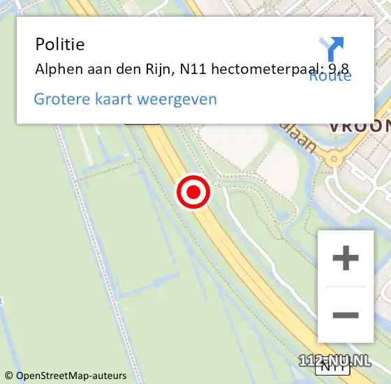 Locatie op kaart van de 112 melding: Politie Alphen aan den Rijn, N11 hectometerpaal: 9,8 op 25 oktober 2024 14:34