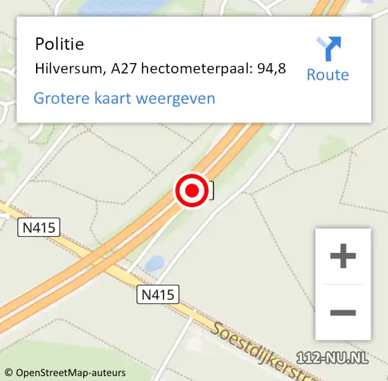 Locatie op kaart van de 112 melding: Politie Hilversum, A27 hectometerpaal: 94,8 op 25 oktober 2024 14:40