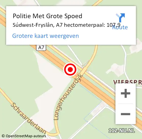 Locatie op kaart van de 112 melding: Politie Met Grote Spoed Naar Súdwest-Fryslân, A7 hectometerpaal: 107,9 op 25 oktober 2024 14:56