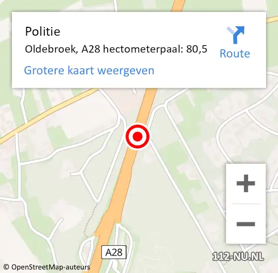 Locatie op kaart van de 112 melding: Politie Oldebroek, A28 hectometerpaal: 80,5 op 25 oktober 2024 14:57