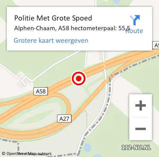 Locatie op kaart van de 112 melding: Politie Met Grote Spoed Naar Alphen-Chaam, A58 hectometerpaal: 55,5 op 25 oktober 2024 15:00