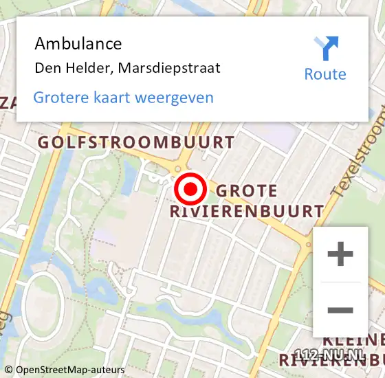 Locatie op kaart van de 112 melding: Ambulance Den Helder, Marsdiepstraat op 25 oktober 2024 15:25