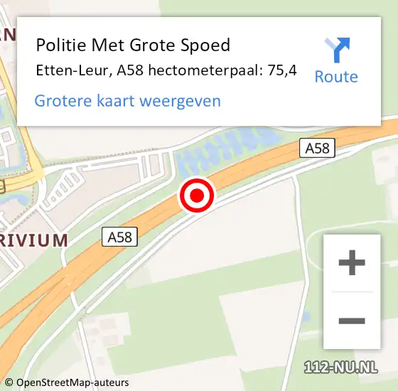 Locatie op kaart van de 112 melding: Politie Met Grote Spoed Naar Etten-Leur, A58 hectometerpaal: 75,4 op 25 oktober 2024 15:28