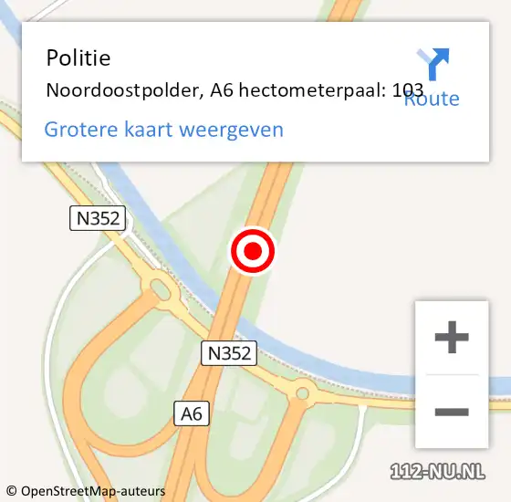 Locatie op kaart van de 112 melding: Politie Noordoostpolder, A6 hectometerpaal: 103 op 25 oktober 2024 16:12