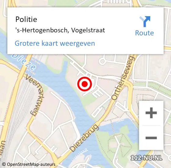 Locatie op kaart van de 112 melding: Politie 's-Hertogenbosch, Vogelstraat op 25 oktober 2024 16:16