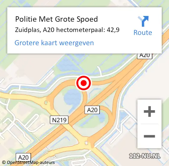 Locatie op kaart van de 112 melding: Politie Met Grote Spoed Naar Zuidplas, A20 hectometerpaal: 42,9 op 25 oktober 2024 17:11