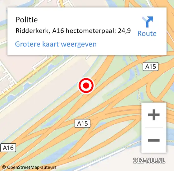 Locatie op kaart van de 112 melding: Politie Ridderkerk, A16 hectometerpaal: 24,9 op 25 oktober 2024 17:25