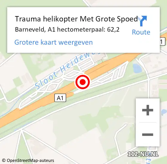 Locatie op kaart van de 112 melding: Trauma helikopter Met Grote Spoed Naar Barneveld, A1 hectometerpaal: 62,2 op 25 oktober 2024 17:45