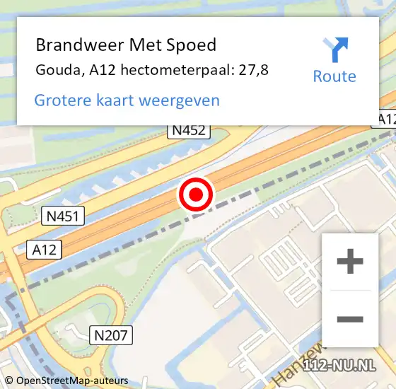 Locatie op kaart van de 112 melding: Brandweer Met Spoed Naar Gouda, A12 hectometerpaal: 27,8 op 25 oktober 2024 19:22