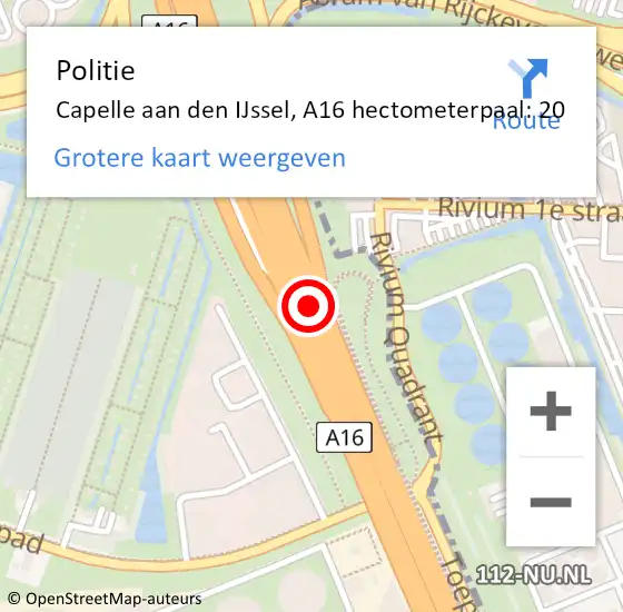 Locatie op kaart van de 112 melding: Politie Capelle aan den IJssel, A16 hectometerpaal: 20 op 25 oktober 2024 19:31