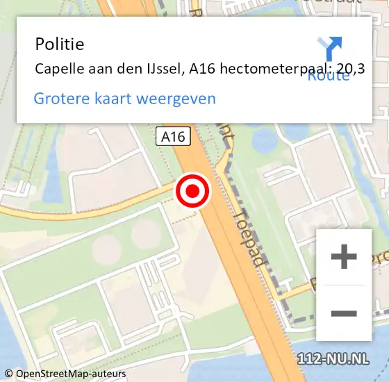 Locatie op kaart van de 112 melding: Politie Capelle aan den IJssel, A16 hectometerpaal: 20,3 op 25 oktober 2024 19:31