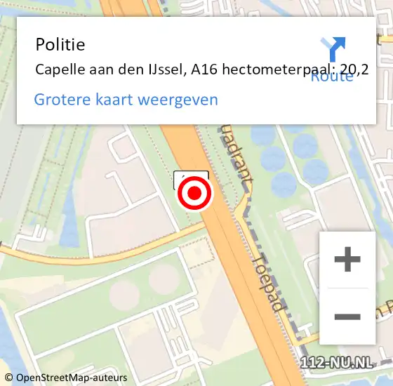 Locatie op kaart van de 112 melding: Politie Capelle aan den IJssel, A16 hectometerpaal: 20,2 op 25 oktober 2024 19:45