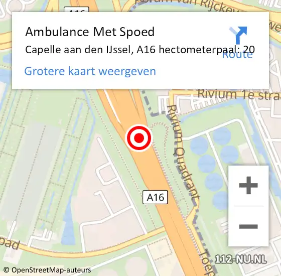 Locatie op kaart van de 112 melding: Ambulance Met Spoed Naar Capelle aan den IJssel, A16 hectometerpaal: 20 op 25 oktober 2024 19:46