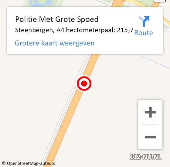 Locatie op kaart van de 112 melding: Politie Met Grote Spoed Naar Steenbergen, A4 hectometerpaal: 215,7 op 25 oktober 2024 20:01