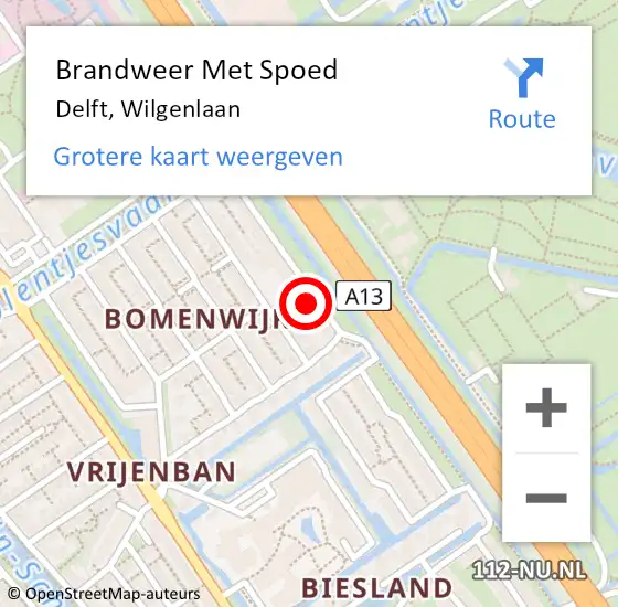 Locatie op kaart van de 112 melding: Brandweer Met Spoed Naar Delft, Wilgenlaan op 25 oktober 2024 21:20