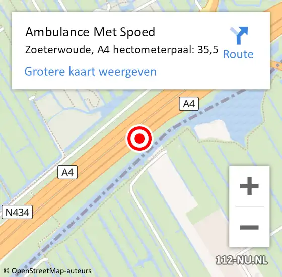 Locatie op kaart van de 112 melding: Ambulance Met Spoed Naar Zoeterwoude, A4 hectometerpaal: 35,5 op 25 oktober 2024 21:32